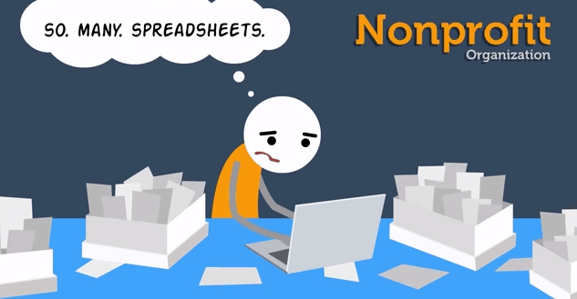 Cartoon of nonprofit employee working with many spreadsheets