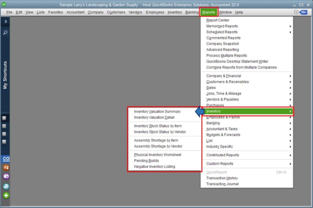 Screenshot of the Inventory menu in QuickBooks.