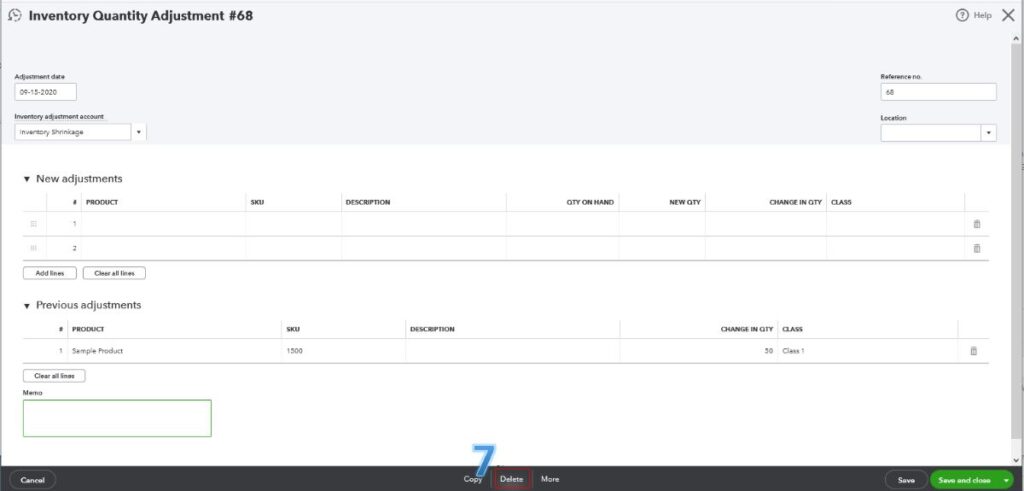 Screenshot showing how to delete inventory adjustments in QuickBooks