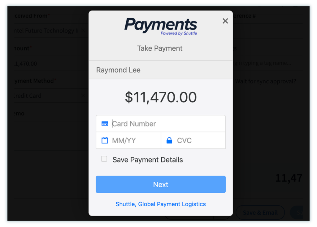 Example of payment through a customer portal in Method:CRM.