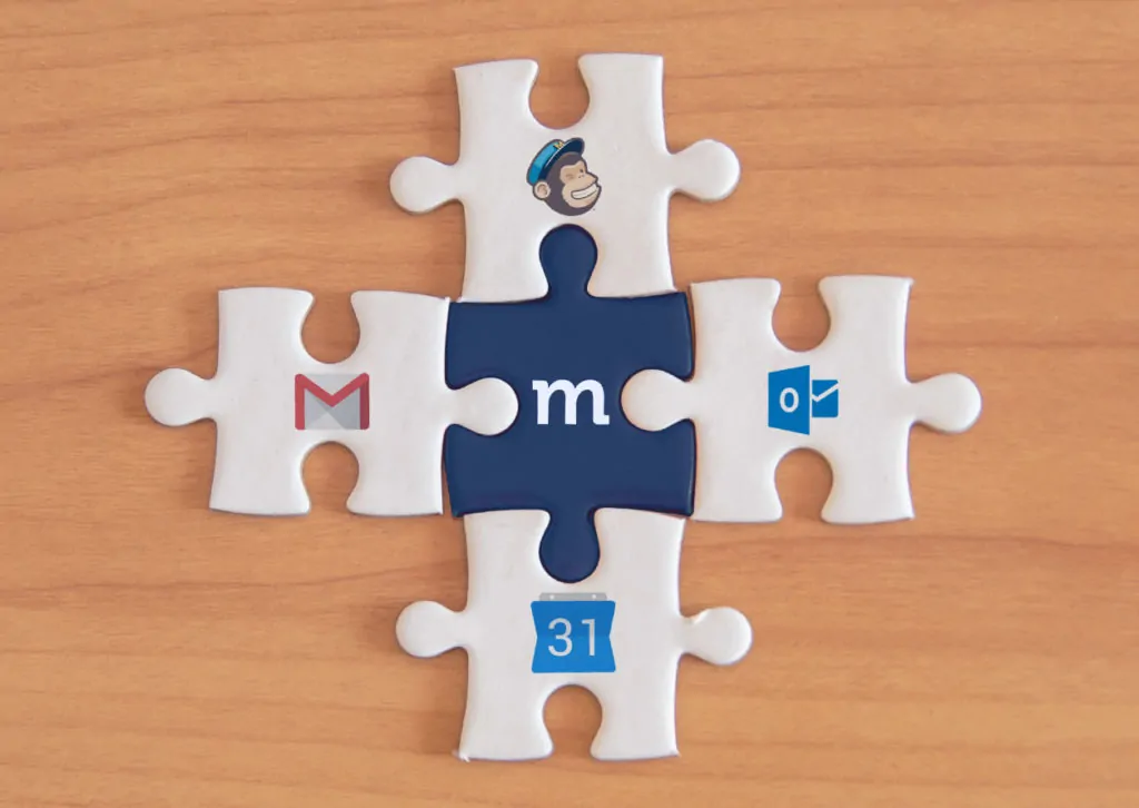 Different puzzle pieces, of Mailchimp, Gmail, Outlook, and Google calendar, connected to Method.