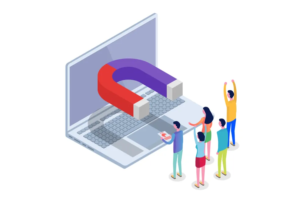 Cartoon illustration of magnet coming out of laptop screen and attracting new customers