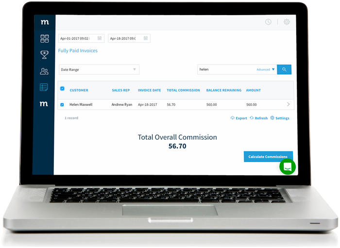 Laptop screen displaying custom commission calculator in Method:CRM