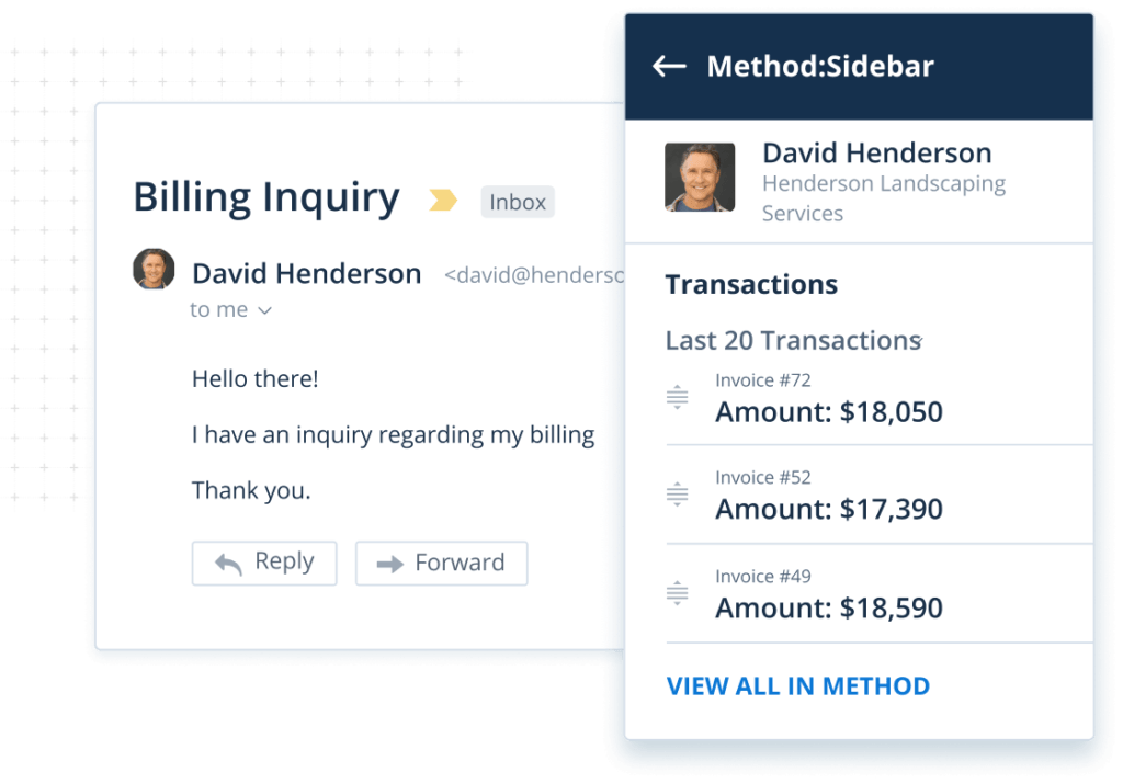 Customer transaction history in Method's CRM Gmail integration