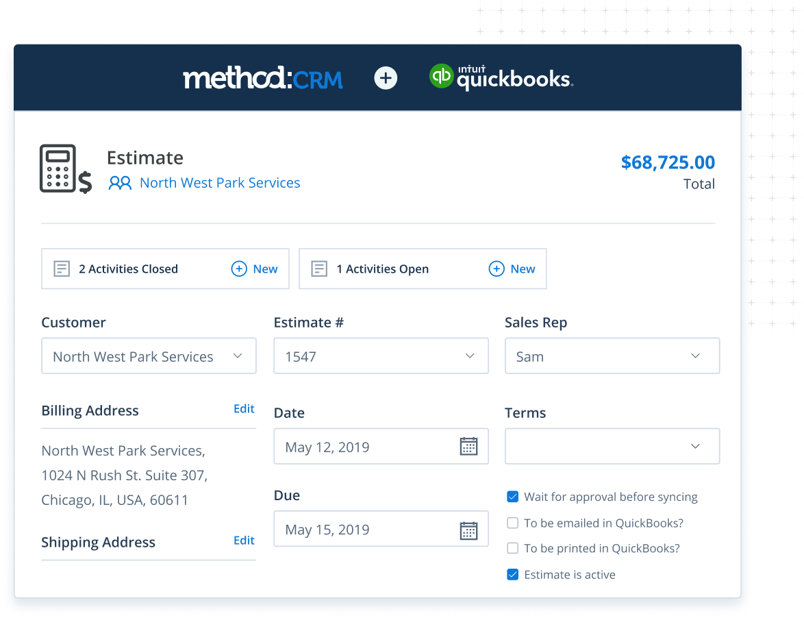 Estimate screen in Method CRM for manufacturing businesses