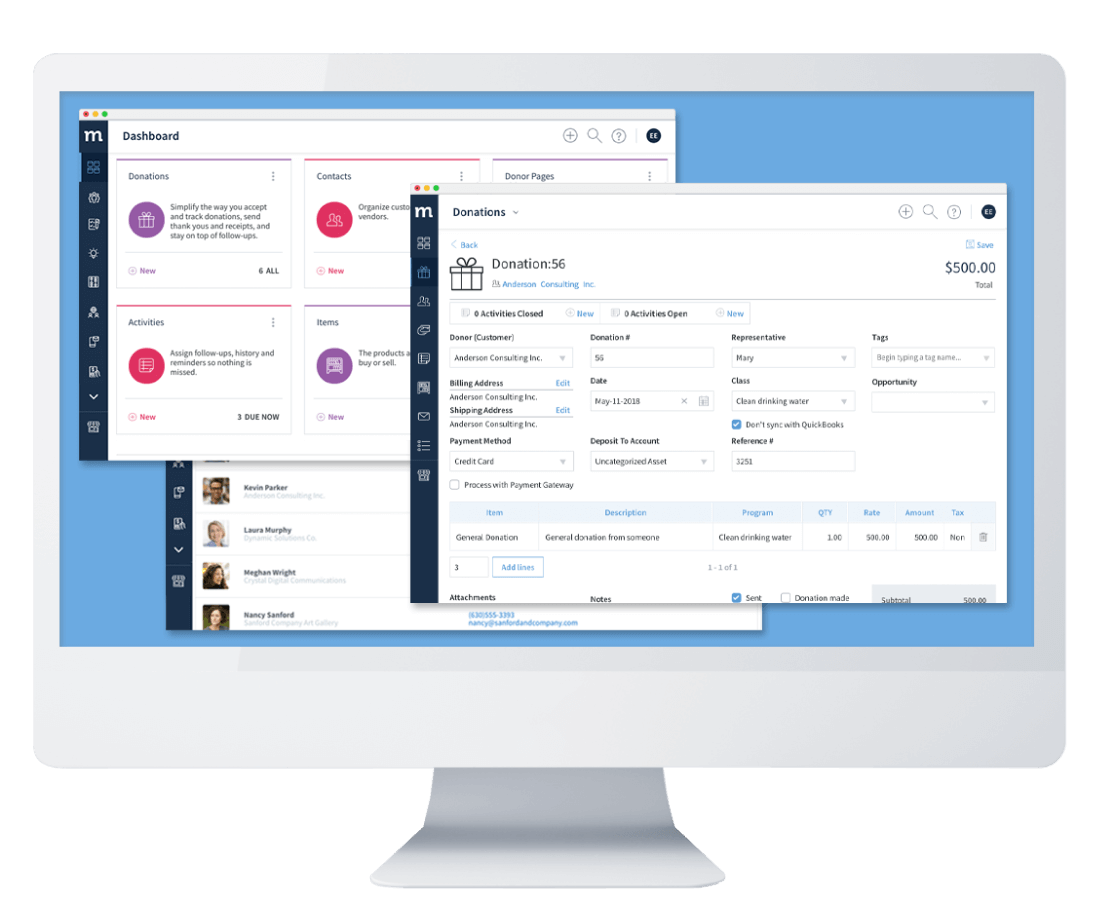 Method Donor Method:CRM Donations app, dashboard, and contact list on a desktop.