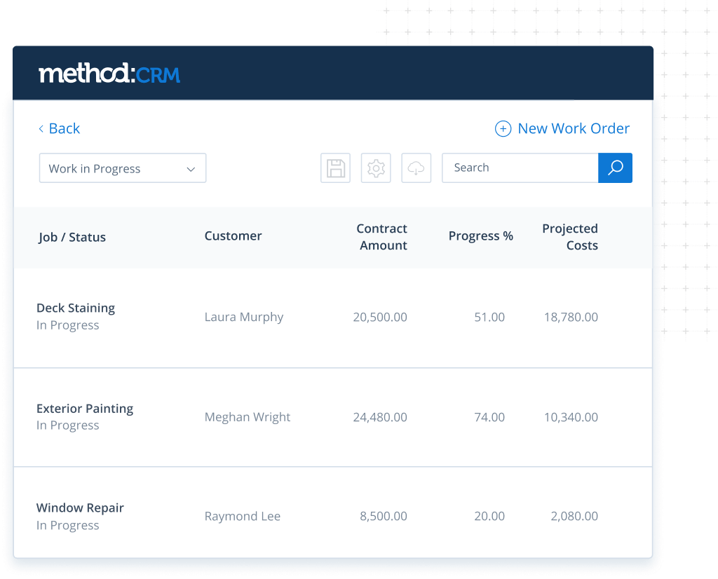 Job costing screen in Method CRM field service management software