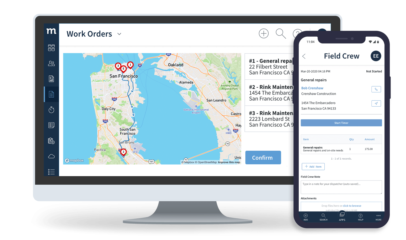 Method:Field Services routing app on desktop and field crew app on mobile.