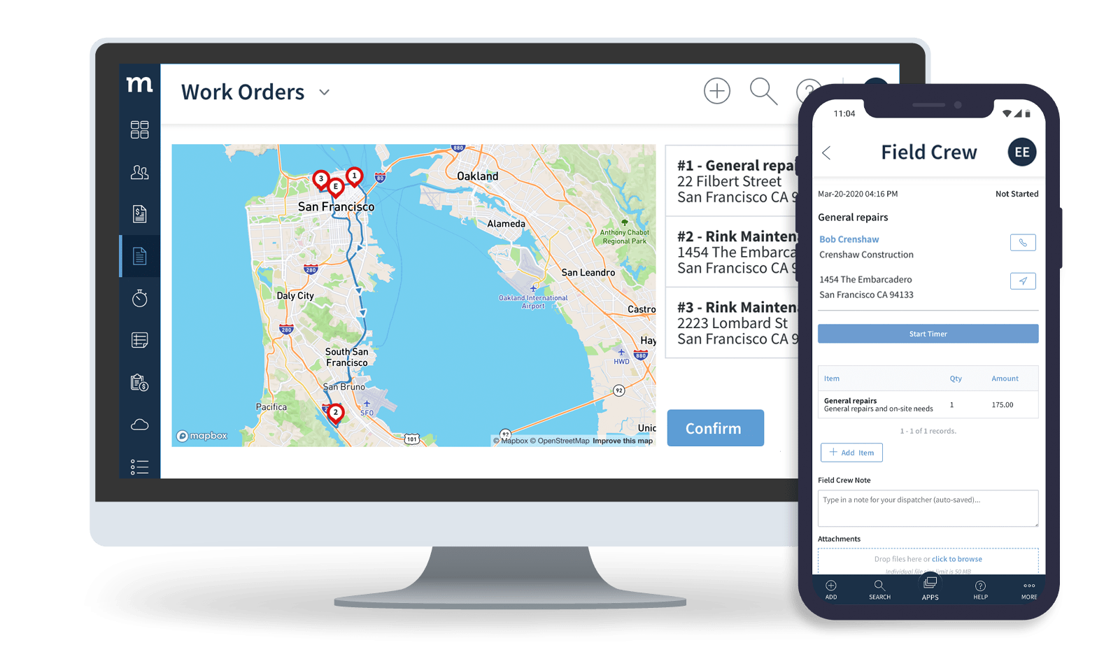 Method:Field Services routing app on desktop and field crew app on mobile.