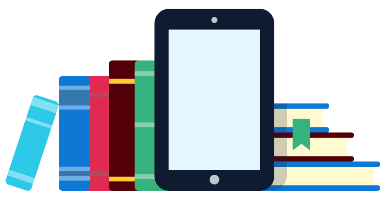 A row of books with a tablet leaning against it.