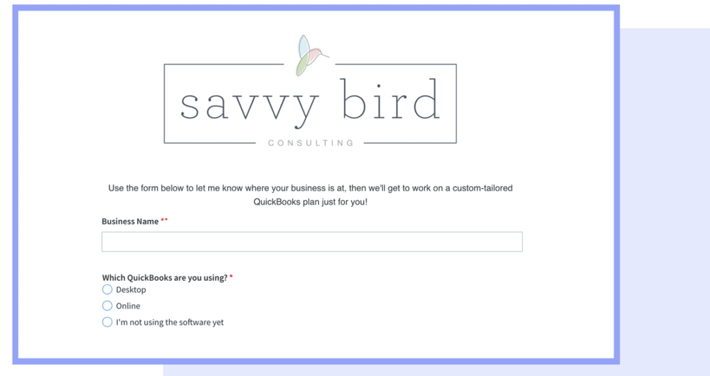 Screenshot of a savvy bird form with the following text:
"Use the form below to let me know where your business is at, then we'll get to work on a custom-tailored QuickBooks plan just for you!"
"Business Name"
"Which QuickBooks are you using? Desktop, Online, I'm not using the software yet"