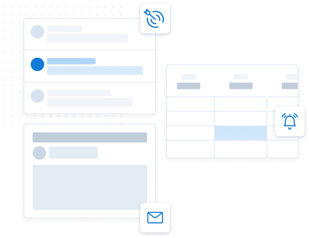 Graphic showing a contact list, calendar, and email template
