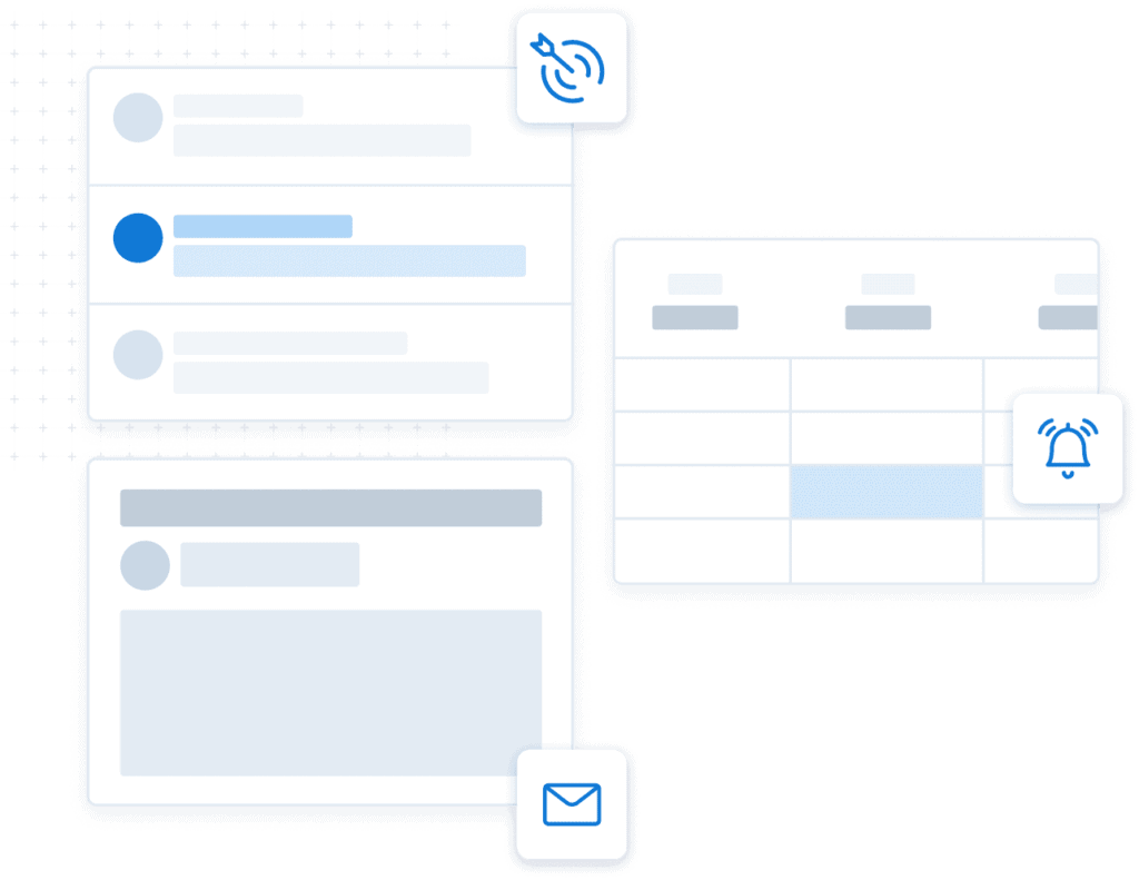 Graphic showing a contact list, calendar, and email template