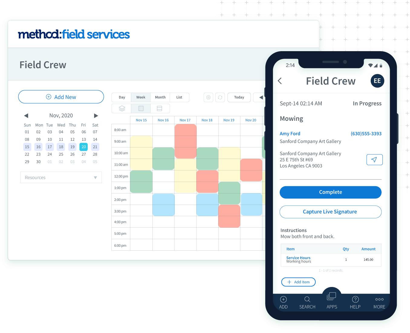 Method:Field Services calendar and mobile app views