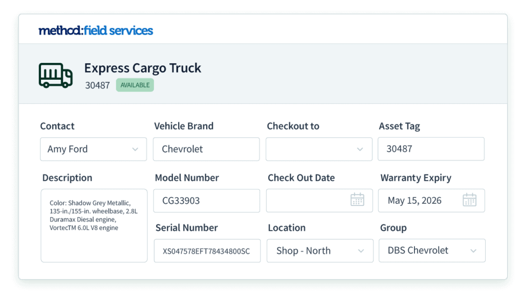 A field services screen customized to show detailed information on a truck