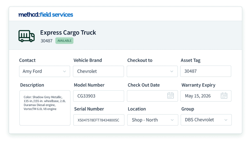 A field services screen customized to show detailed information on a truck