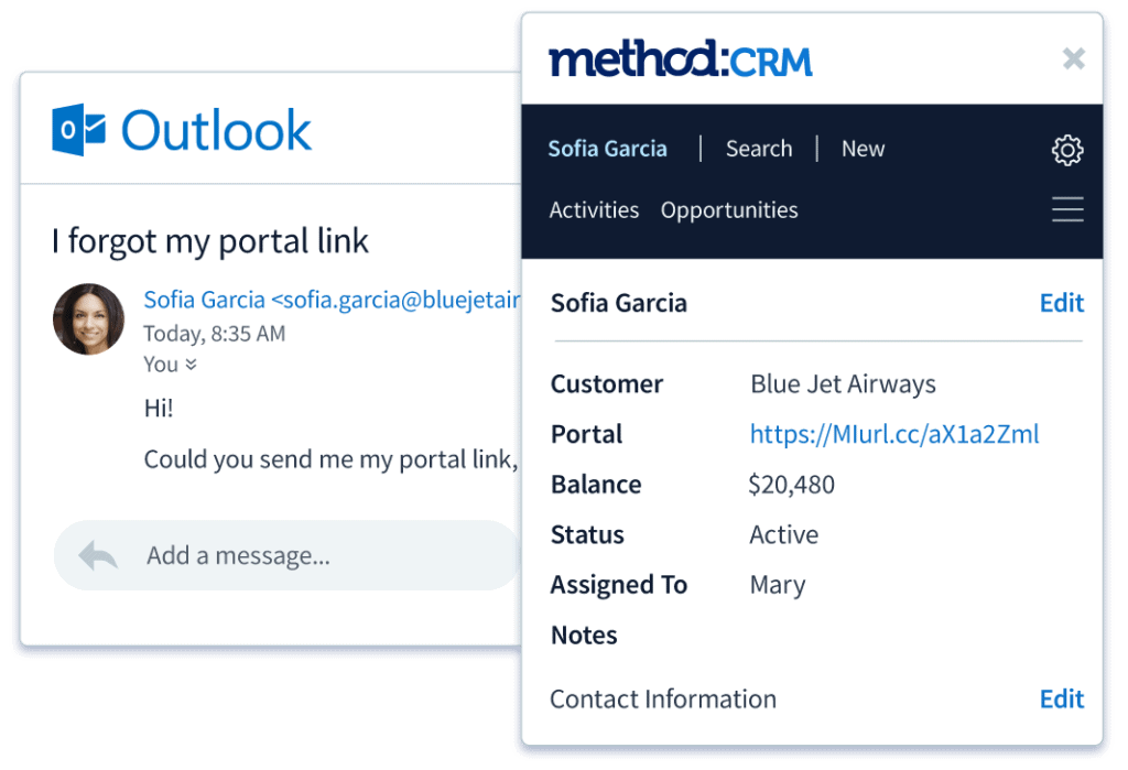 Customer summary screen in Method's CRM Outlook integration