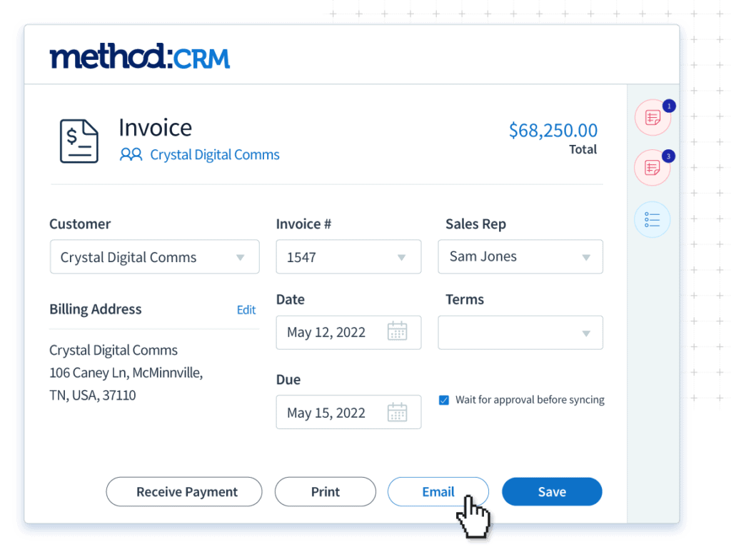 Method:CRM invoice showing an invoice to be sent to a customer Crystal Digital Comms, with a mouse cursor hovering over 'Email',