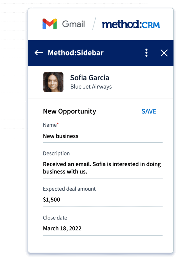 New opportunity screen in Method's CRM Gmail integration
