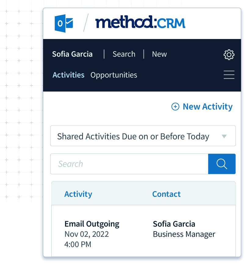 Activity list screen in Method's CRM Outlook integration