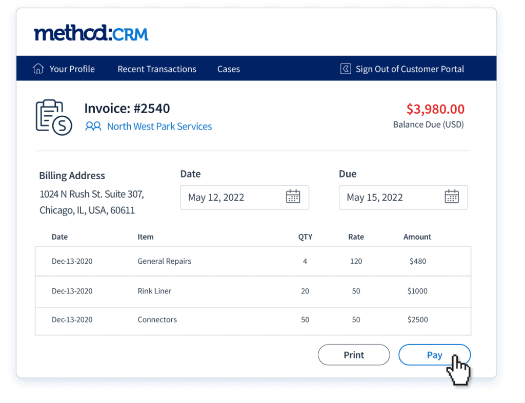An invoice viewed through Method CRM personal portal, with a cursor hovering over a 'Pay' button.