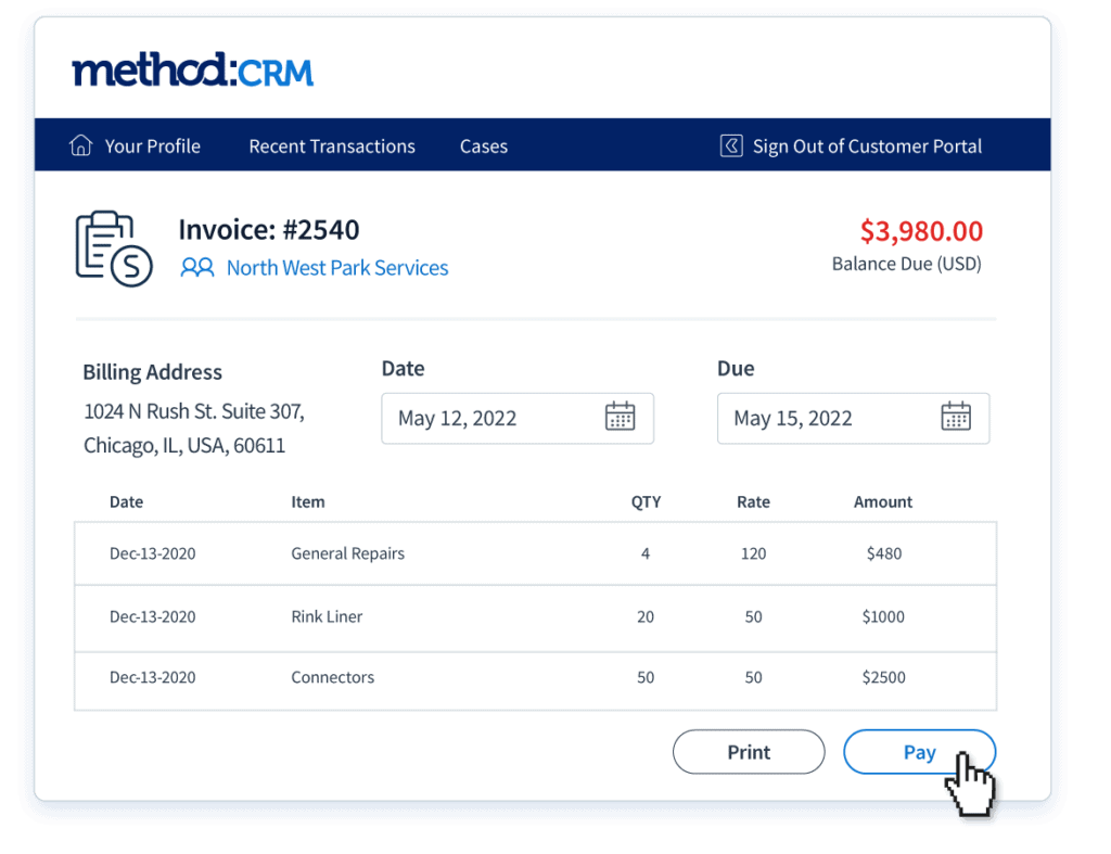 An invoice viewed through Method:CRM personal portal, with a cursor hovering over a 'Pay' button.