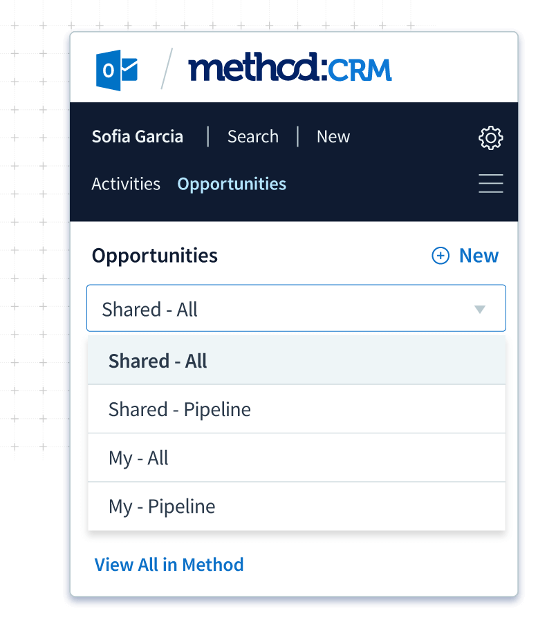 Opportunity list screen in Method's CRM Outlook integration