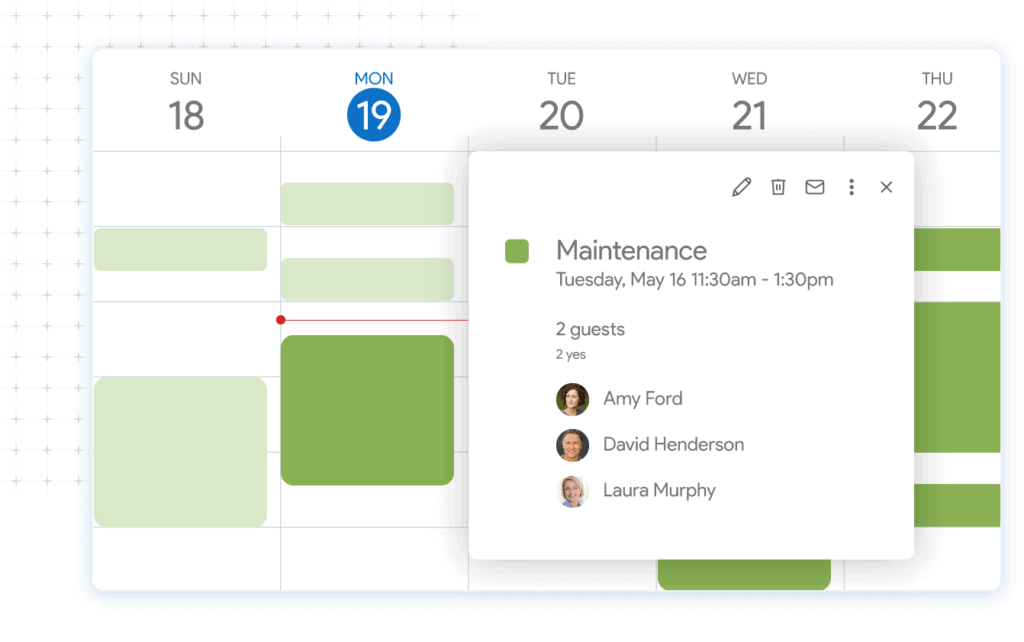 A google calendar showing an event reminder of maintenance.