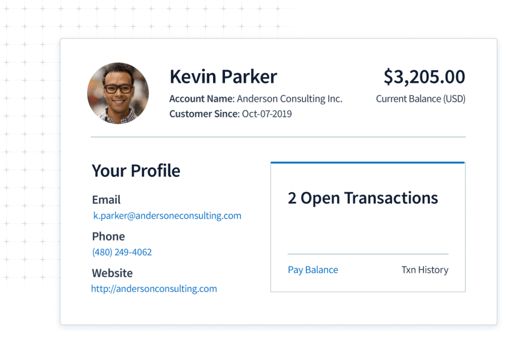 Method CRM's online customer portal view showing two open transactions and a balance of $3,205 for a man named Kevil Parker