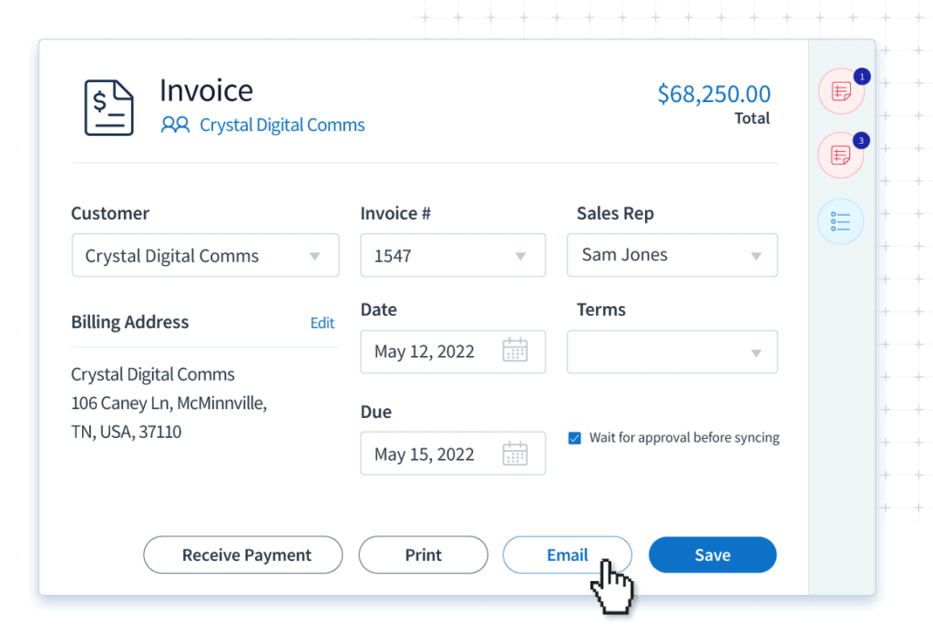 Invoice in Method with Email button selected