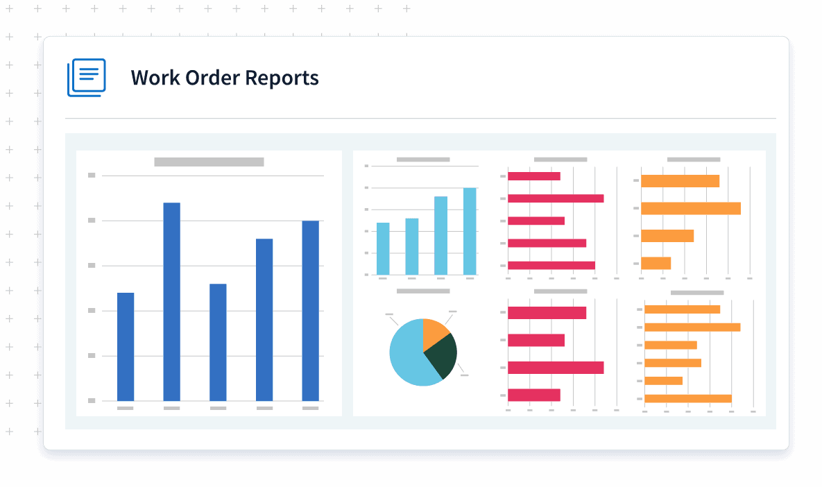 Work order report screen with different graphs and charts.