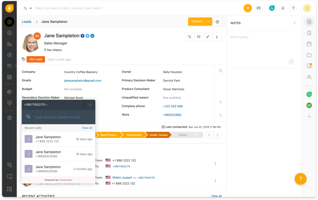 Overview of a "Leads" page on FreshSales CRM software interface. It shows a lead's account information and recent history of calls.