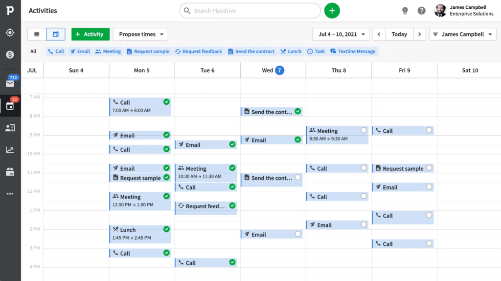 View of a calendar page on Pipedrive's CRM software interface. It shows a weekly overview of multiple scheduled tasks and events.