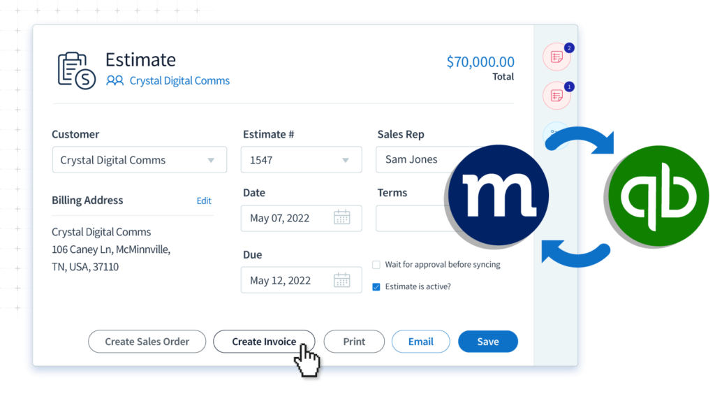 Estimate in Method, with a QuickBooks and Method sync iconography