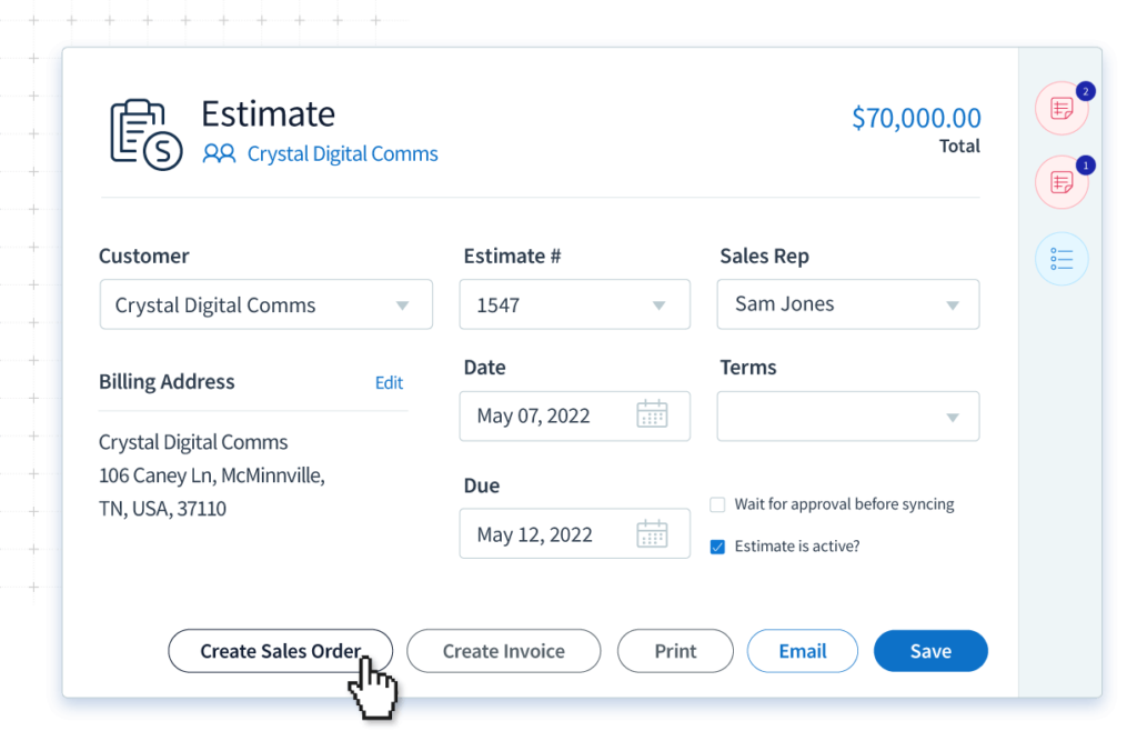 A screen in Method to create a Sales Order from an Estimate