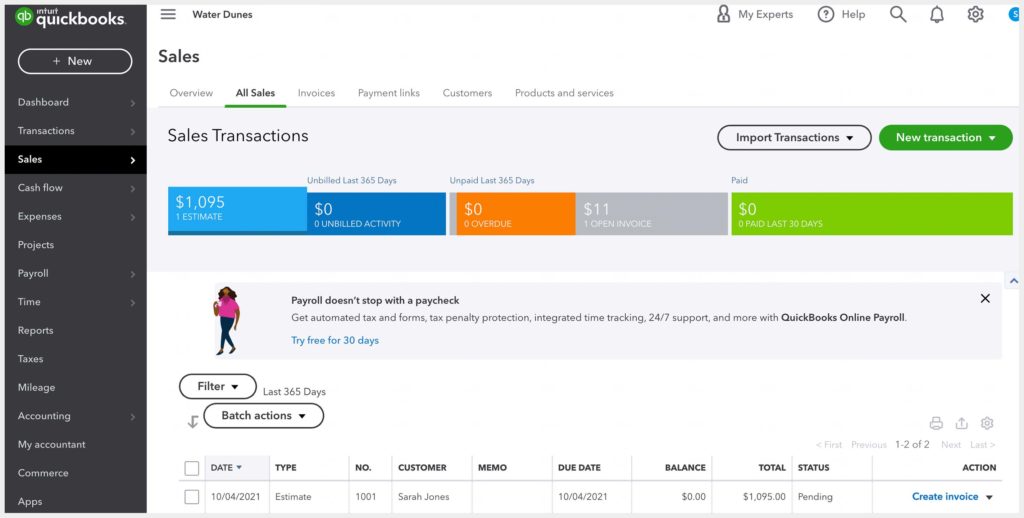 All sales dashboard on WBO showing a list of estimates.