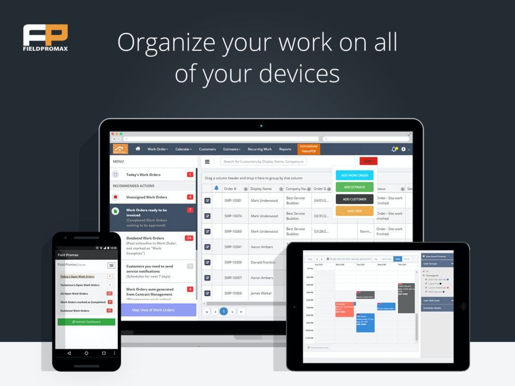 Field Promax dashboard showing on laptop, tablet and mobile screens