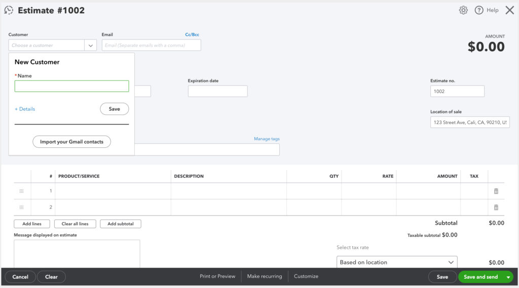 Estimate details form with 'new customer' field highlighted