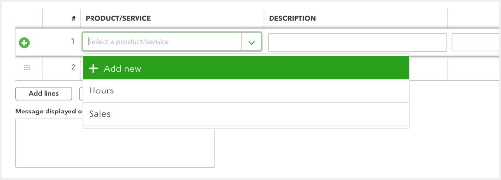 Product/service field on QBO highlighting the field and showing an 'add new' dropdown menu