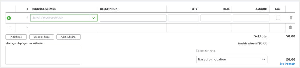Estimate details form on QuickBooks Online highlighting product/service field.