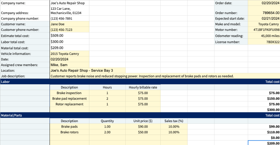 screenshot of completed auto repair template