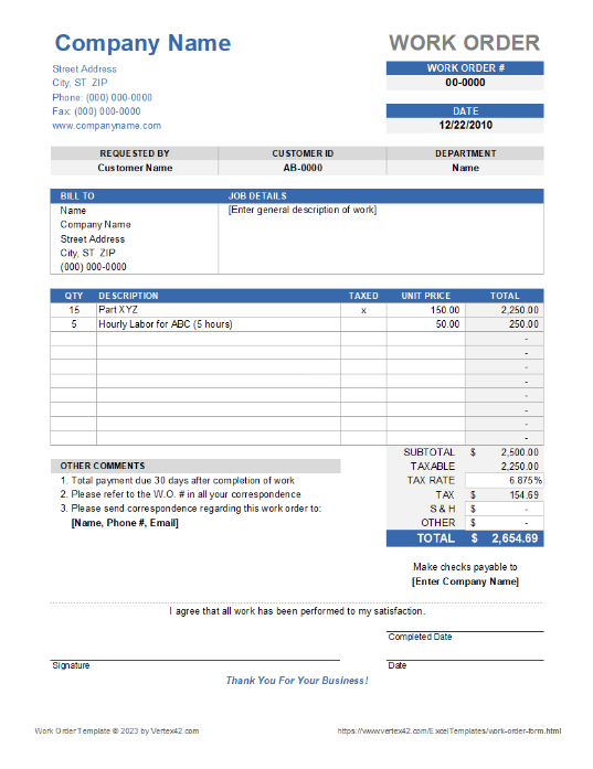 A sample of a work order template