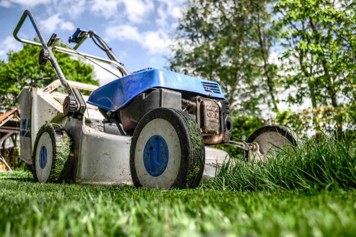 A blue lawnmower attempting to look imposing