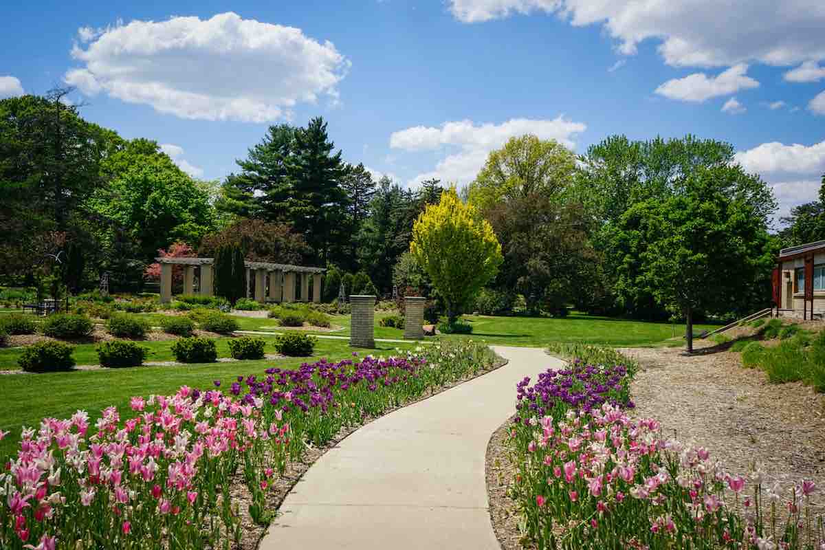 garden path within a garden with trees and a stone building in the back