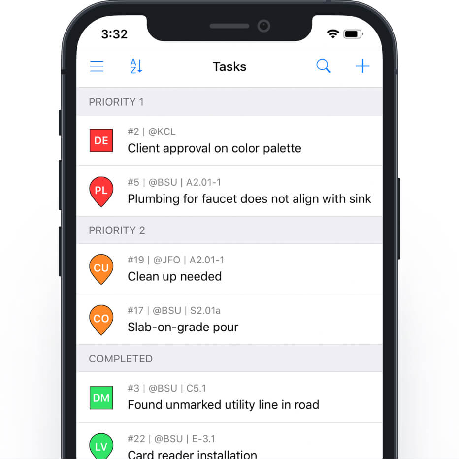 Mobile mockup showing Fieldwire app with view of tasks and priorities. 