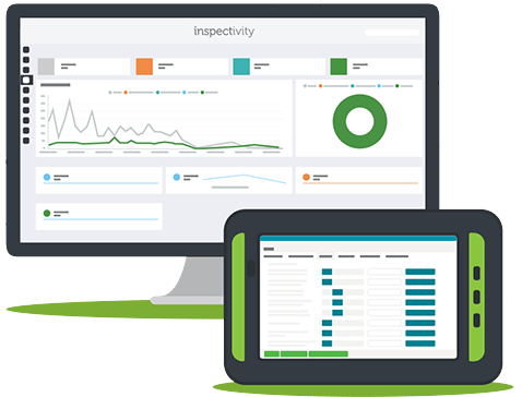 Product shot of Inspectivity app with abstract view of graphs and charts.