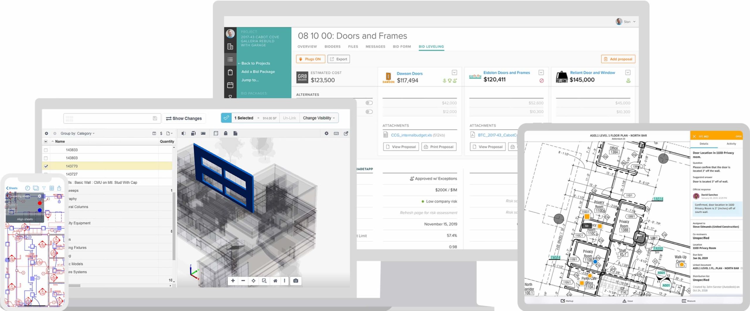 Product shot of PlanGrid app with abstract view of project layout plans and details.