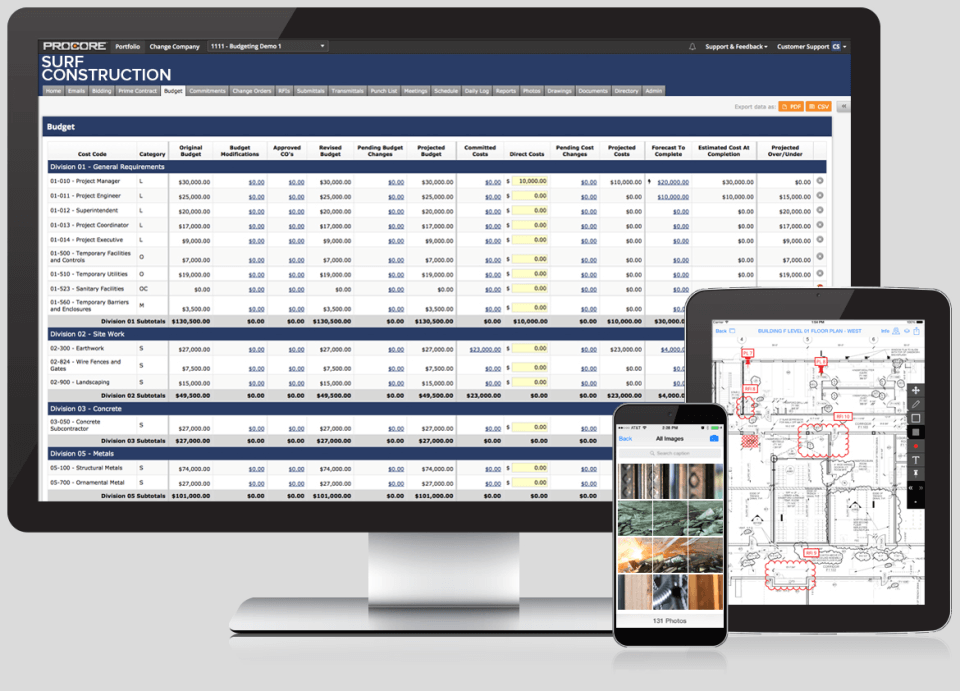 Product shot of Procore app with a view of budget tables on a monitor and field images on other devices.