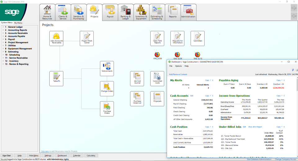 Product shot of Sage 100 Contractor app with abstract view projects in flowcharts.