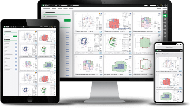 Mobile, tablet and desktop view of STACK with construction project plan views.